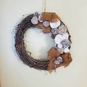 Elegant Burlap and White Floral Wreath With Rosettes
